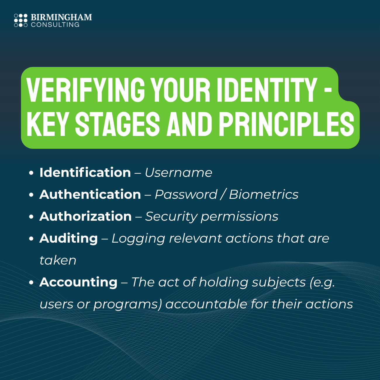 An infographic on the stages of verifying your identity, including identification, authentication, authorization, auditing, accounting