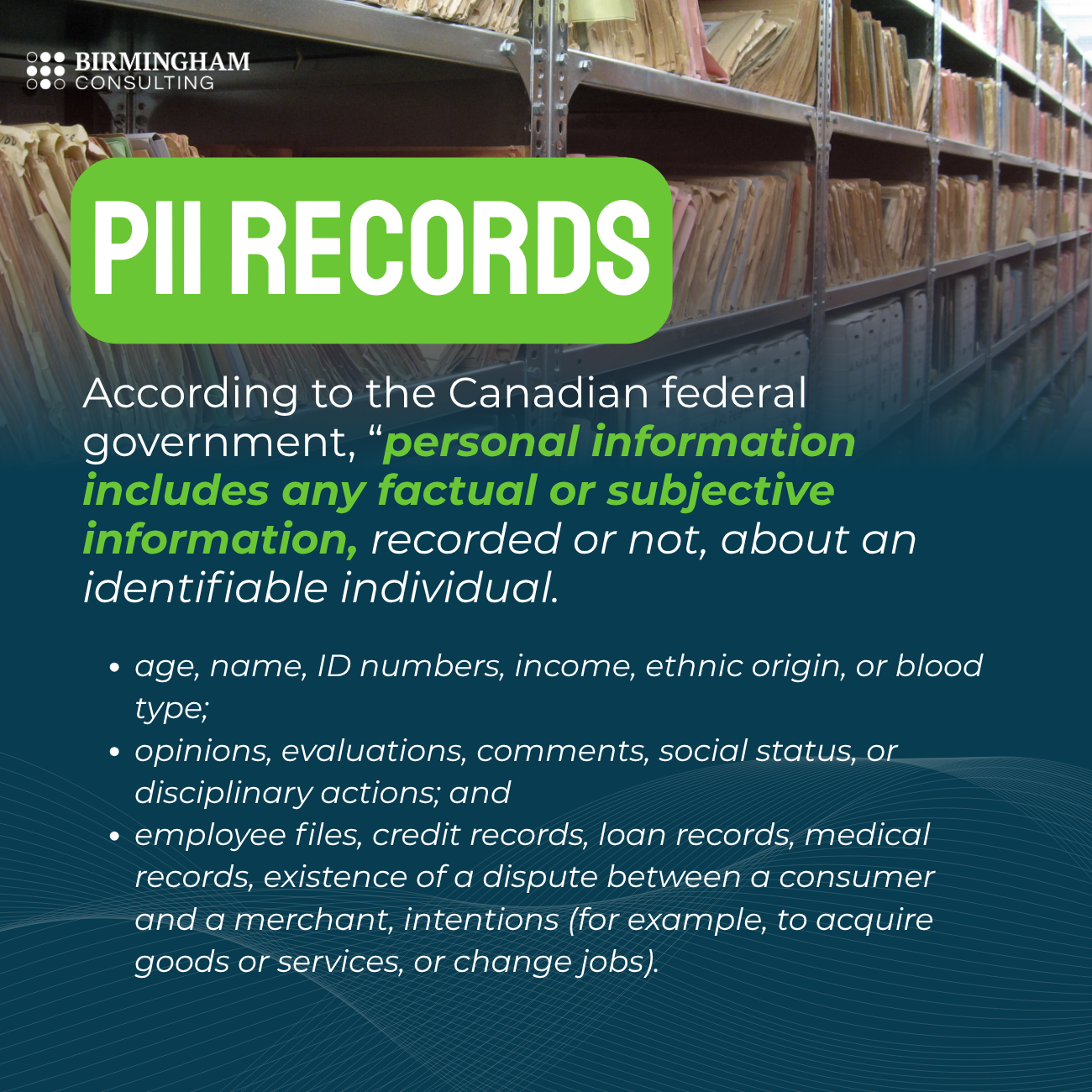 An infographic on PII records with the Canadian definition
