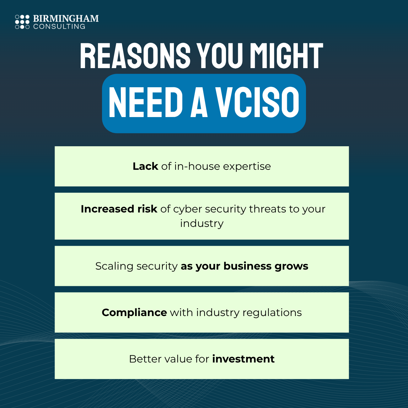 An infographic on reasons that a business might need to hire a vCISO (Virtual Chief Information Security Officer)
