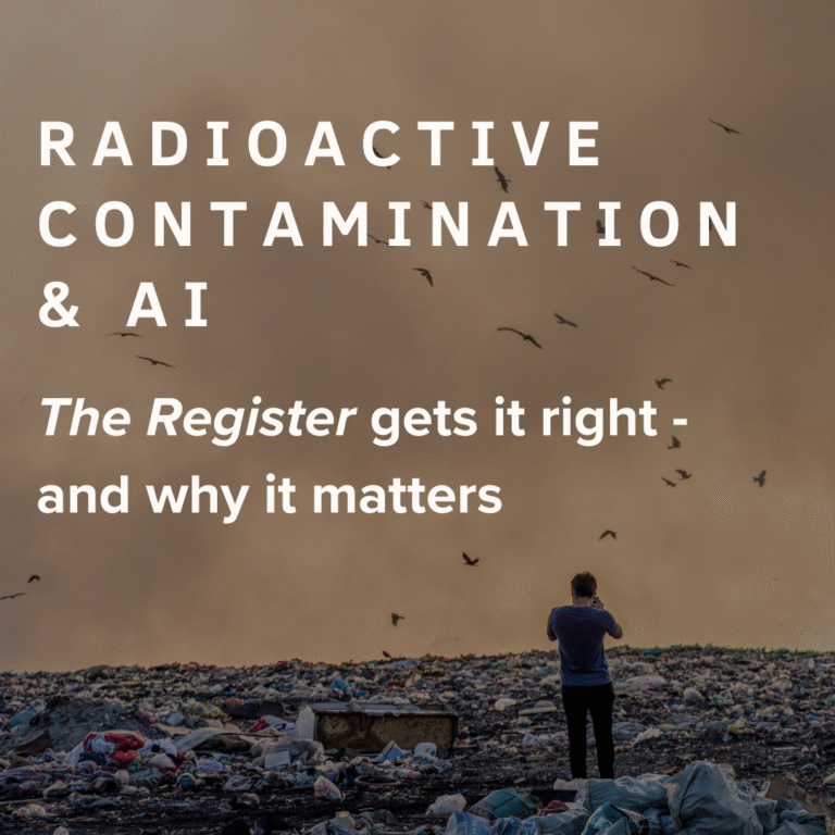 Man standing in a landfill with smoke and birds flying around, likening the AI model collapse to radioactive contamination during nuclear testing.