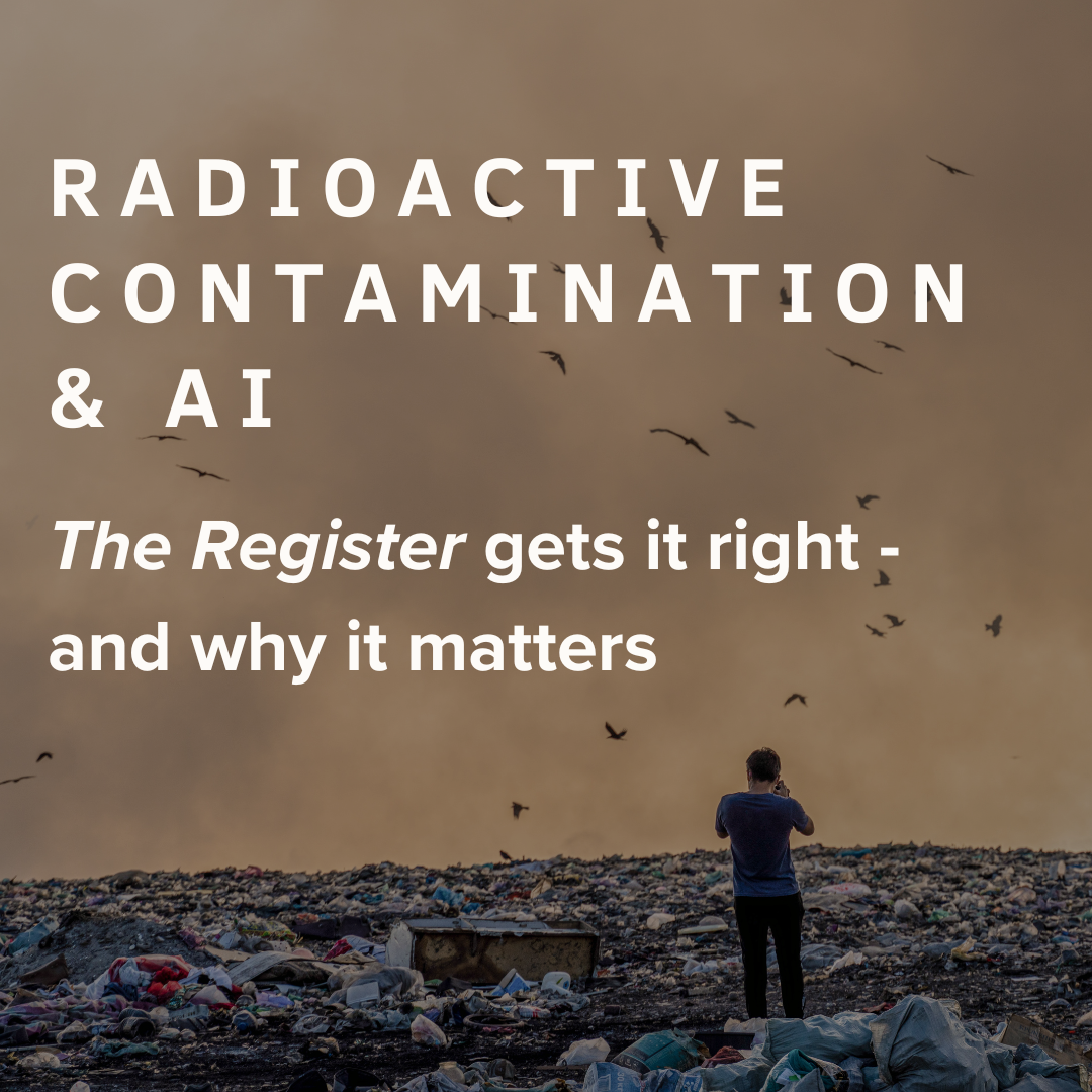 Man standing in a landfill with smoke and birds flying around, likening the AI model collapse to radioactive contamination during nuclear testing.